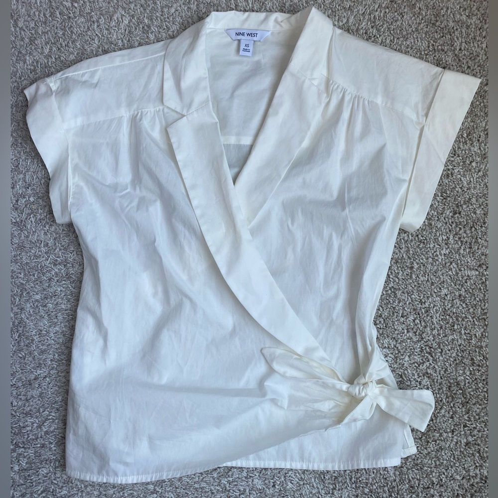Nine West Cream Wrap-Front Short Sleeve Blouse